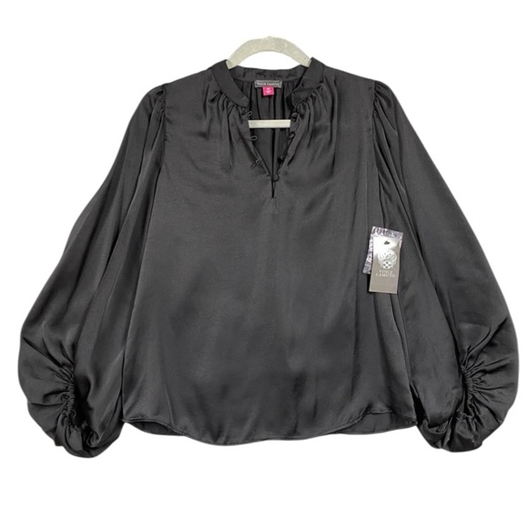 NEW Vince Camuto Satin Balloon Sleeve Peasant Blouse Size XS Black - Picture 1 of 7